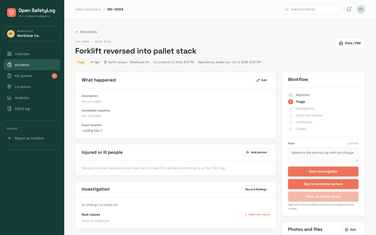 Incident INC-0004, a forklift that reversed into a pallet stack, in triage. Sections for what happened, injured or ill people and the investigation sit beside a workflow panel listing the six stages with buttons to start the investigation or skip to corrective actions.
