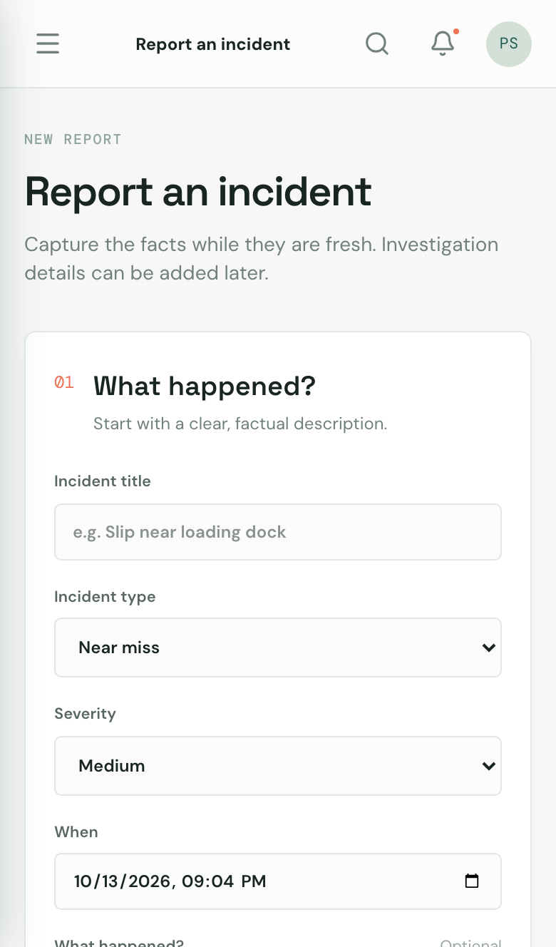 The Report an incident form on a phone, asking for the incident title, type, severity and when it happened.