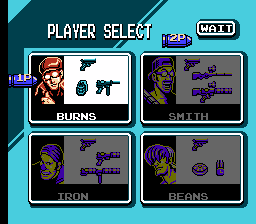 Player select screen with Burns highlighted for player one. The four commandos, Burns, Smith, Iron and Beans, are shown in a two by two grid with their weapons.