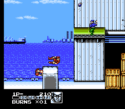 Stage 1 at the harbor: Burns jumps toward a warehouse while enemy soldiers attack from the roof and ground. The HUD at the bottom shows the score and Burns with one life left.