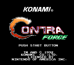 Contra Force title screen: the Konami logo above the red and white Contra logo with Force in green, Push Start Button, and the 1992 Konami copyright licensed by Nintendo of America.